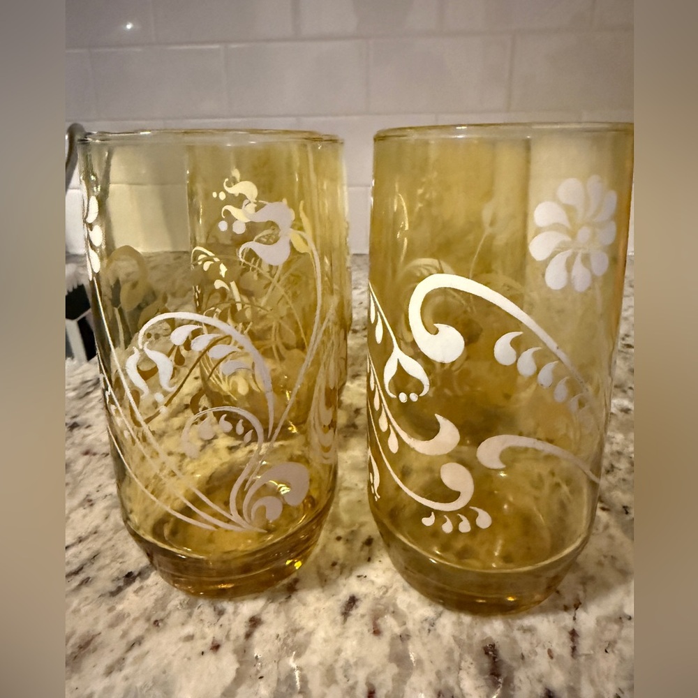 Libbey Amber and White Floral Glass Set Mid Mod